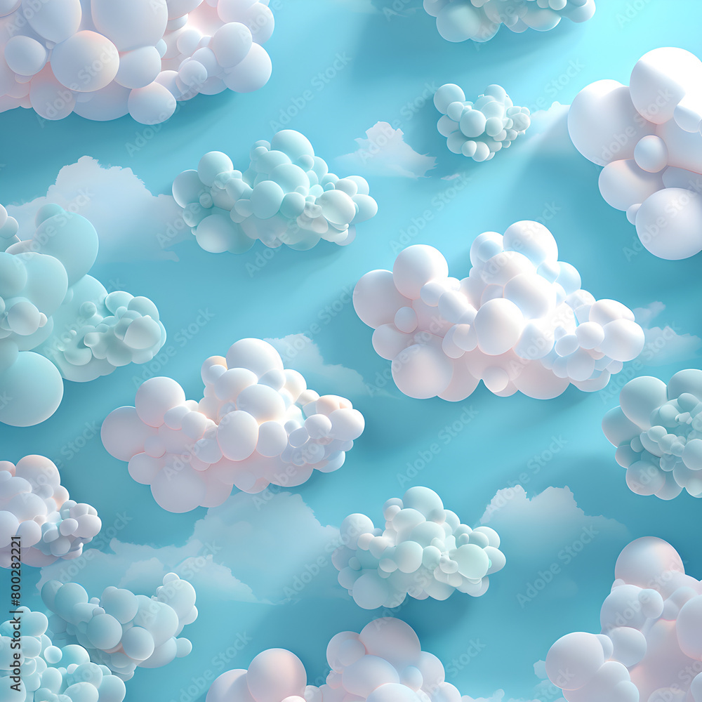 Poster a blue sky with many clouds of different sizes. the clouds are scattered throughout the sky, with so