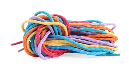 Many colorful shoe laces isolated on white