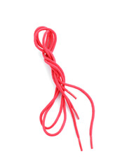 Stylish pink shoe laces isolated on white, top view