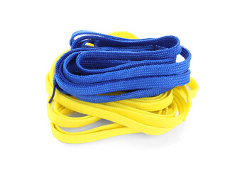 Stylish blue and yellow shoe laces isolated on white