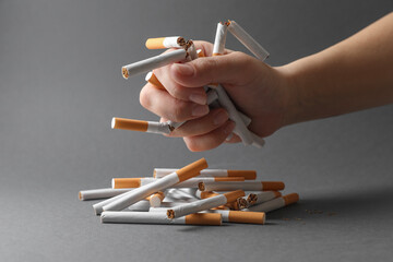 Stop smoking. Woman holding broken cigarettes over pile on grey background, closeup