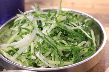sliced spring onions on a plate