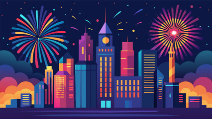 The city skyline transformed into a magical wonderland as bursts of fireworks light up the night sky celebrating the nations independence.. Vector illustration