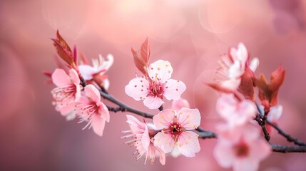 A branch of a tree with pink flowers against a blurry background

