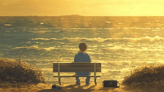 A person is sitting on a bench watching the sunset over the ocean.

