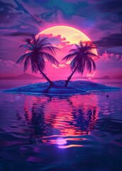 Tropical sunset in neon pink and purple in the style of synthwave on an island with two palm trees in the middle