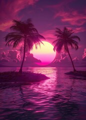 Tropical sunset in neon pink and purple in the style of synthwave on an island with two palm trees in the middle