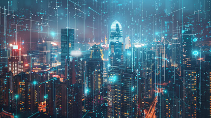 Naklejka premium Picture a cityscape adorned with skyscrapers, each connected by a network of data streams, illustrating the fusion of technology with urban infrastructure. 