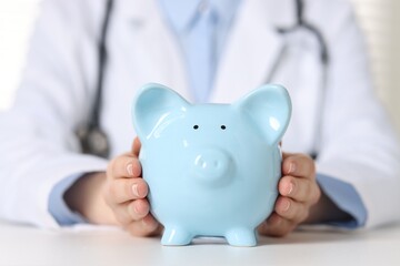 Doctor with piggy bank at white table, closeup