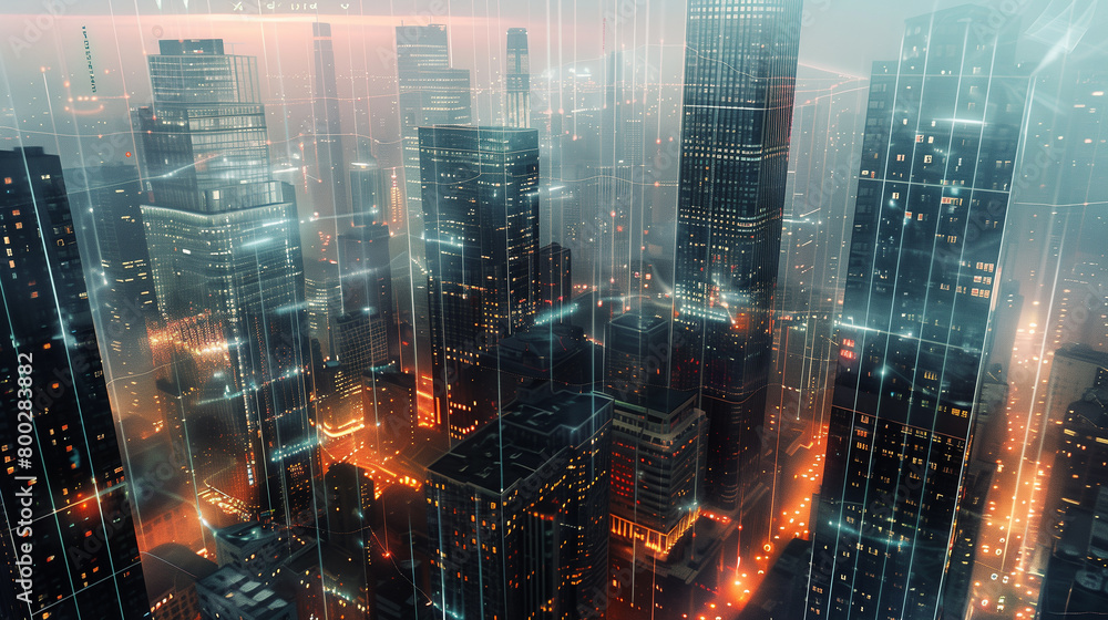 Poster picture a cityscape adorned with skyscrapers, each connected by a network of data streams, illustrat