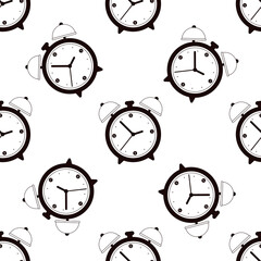 Clocks seamless pattern. Black and white colors. Texture with watch, bell or alarm clock, wallpaper. Monochrome design. Line art style.