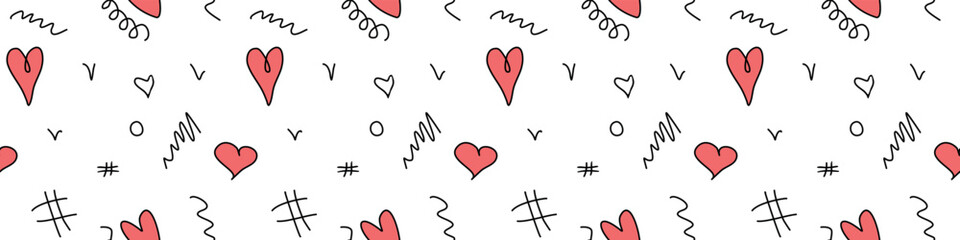 Seamless abstract pattern of different red hearts and doodles. Freehand scribble background, texture for textile, wrapping paper, Valentine's day, romantic design