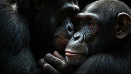 A touching image highlighting the compassionate embrace of one chimpanzee for another in a dimly lit setting