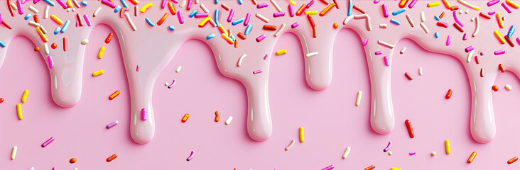 Pink icing sauce dripping down with colorful sprinkles