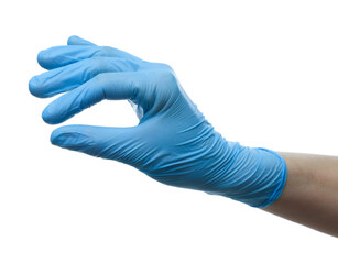 Doctor wearing light blue medical glove holding something on white background, closeup