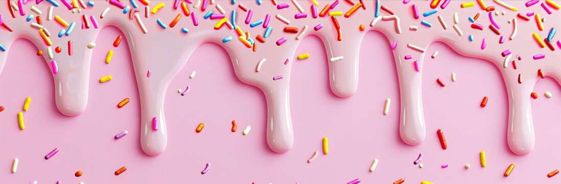 Pink icing sauce dripping down with colorful sprinkles