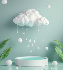 Surreal backdrop with a cloud raining in a closed studio space.Minimal creative photo shoot,interior and advertise concept