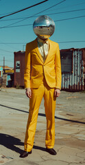 A man in yellow suit with a disco ball head.Minimal creative party and fashion concept