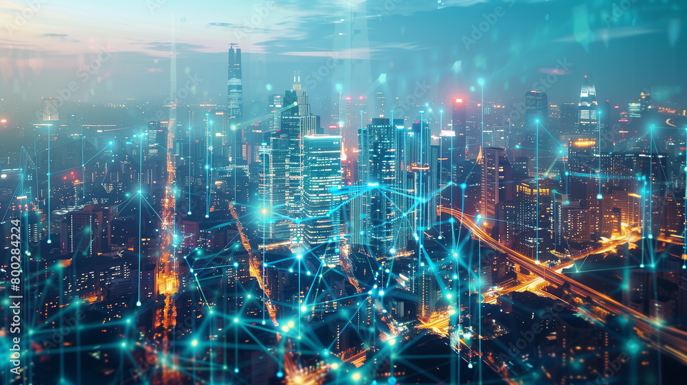 Poster picture a cityscape adorned with skyscrapers, each connected by a network of data streams, illustrat