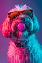 Dog with a bubble gum balloon and sunglasses.Minimal creative fashion and food concept.