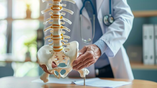 Doctor with human spine anatomy model. generative ai