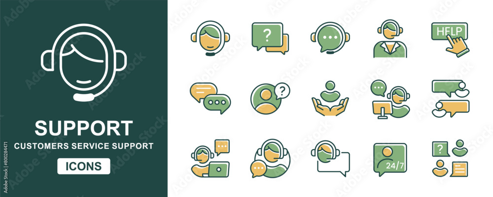 Poster virtual online client support assistance icon vector set customers care assistant service business t
