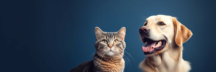 Cheerful Domestic Pets Coexisting in Harmony on Blue Background