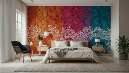 modern room with colorful wall mural