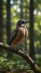 Fototapeta premium A serene photograph of a woodland bird, with intricate plumage, perched delicately on a tree branch amidst a softly blurred forest background
