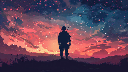 Soldier standing on hill under star-filled sky
