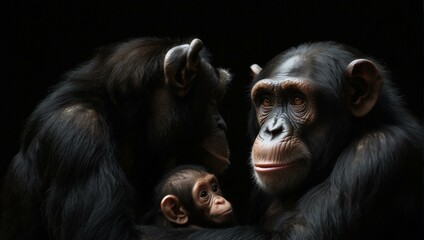 An intimate moment captured between a chimpanzee family, highlighting their human-like interactions and strong familial bonds