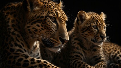 Fototapeta premium A captivating image of a leopard and its cub in close proximity, showcasing the beauty and the bond of the feline world