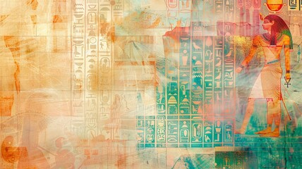 Dreamlike Egyptian Inspired Surreal Wallpaper with Abstract Pastel Iconography and Clean Copy Space