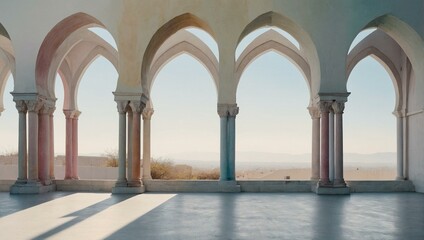 A photograph showcasing a row of elegant arches within a minimalist building interior, with a desert landscape visible in the background