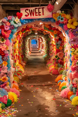 Tunel adorned and decorated with flowers with the sign "sweet talk".Minimal creative nature and emotional concept.