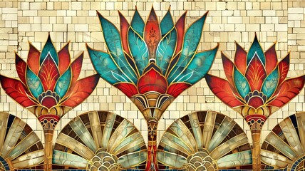 Elegant Luxurious Egyptian Inspired Ornamental Mosaic Wallpaper with Lotus and Papyrus Motifs in Gold Turquoise and Scarlet Hues