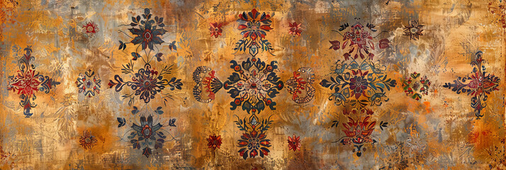 Embroidered Egyptian Textile Wallpaper with Ornate Floral Motifs and Warm Rich Textures
