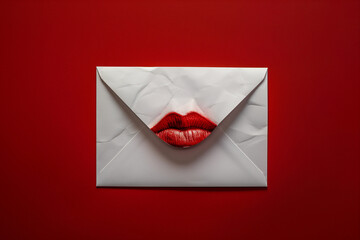 Love letter and envelope sealed with a kiss of red lipstick.Minimal creative vintage emotional concept.Flat lay
