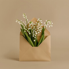 lily of the valley in an envelope.Minimal creative emotional and nature concept.Flat lay