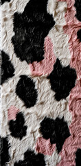 Rug background with cow texture and pink spots at the edge. Minimal creative interior concept. Flat lay