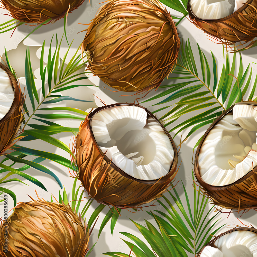 Aufkleber a close up of a bunch of coconuts with the leaves in the background. the coconuts are cut open and t