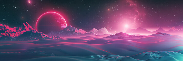 Iridescent Synthwave Panoramic Landscape with Cosmic Celestial Elements