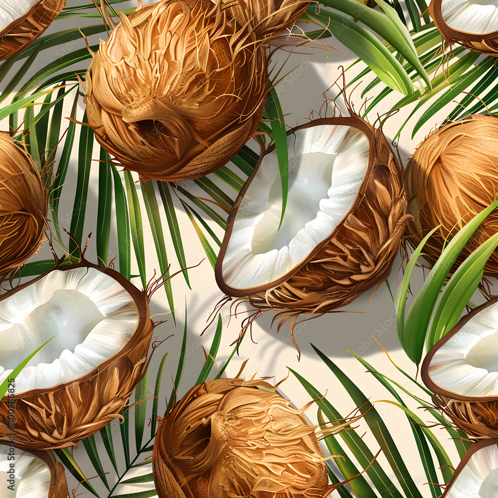 Aufkleber a close up of a bunch of coconuts with the leaves in the background. the coconuts are cut open and t