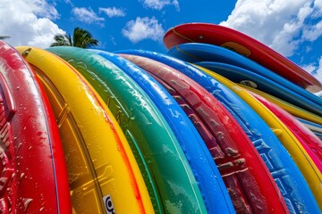 Colorful surfboards under clear blue sky, symbolizing summer beach vacation and leisure activities