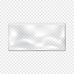 Clear glossy plastic envelope, poly bag with white zip lock. Realistic vector mock-up. Transparent resealable zipper PVC vinyl pouch package. Mockup