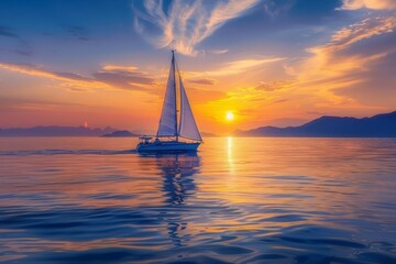 Sailboat on calm evening with sunset