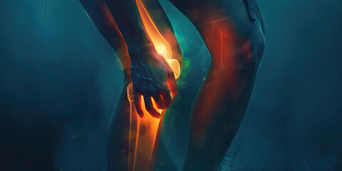 Fractured Patella: The Knee Swelling and Difficulty Walking - A person holding their knee with a swollen or bruised patella (kneecap), indicating a fractured patella - obrazy, fototapety, plakaty