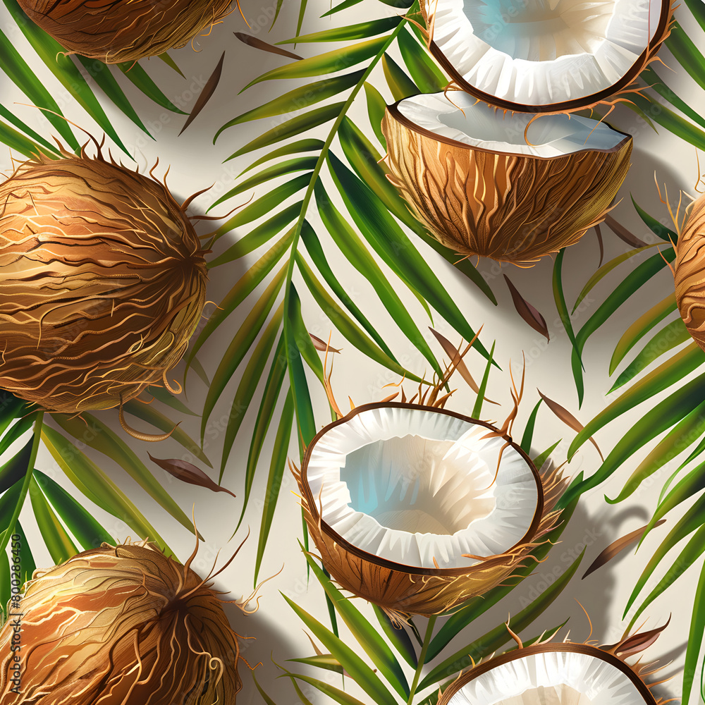 Aufkleber a close up of a bunch of coconuts with the leaves in the background. the coconuts are cut open and t