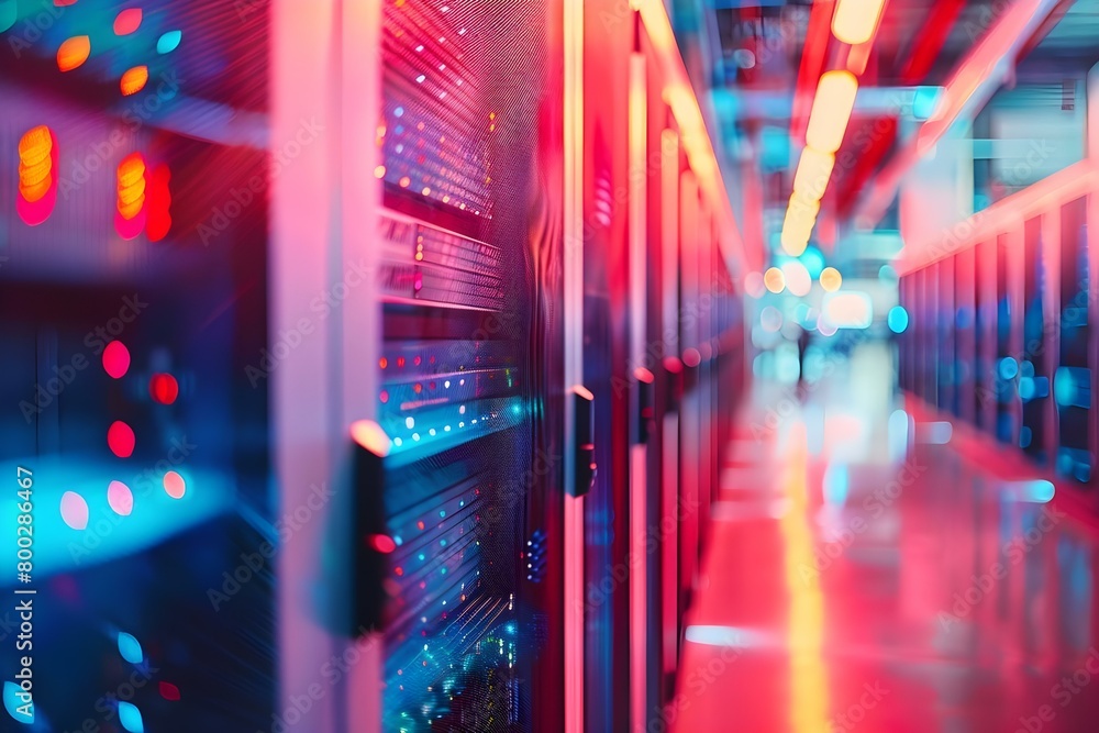 Poster utilizing machine learning in a manufacturing facility's server room. concept machine learning, manu