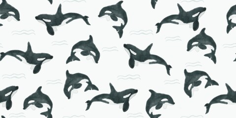 Seamless killer whale pattern on an isolated background watercolor, kid doodle for interior wall, texture, wrapping paper and card